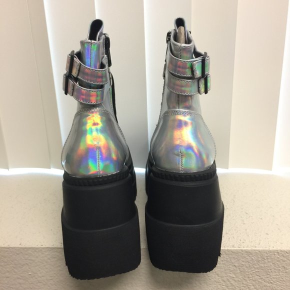 Demonia Silver Holographic Platform Boots - Picture 4 of 13